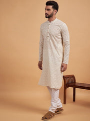 off white Ethnic Motifs Embroidered Cotton Straight Kurta - Inddus.com