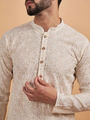 off white Ethnic Motifs Embroidered Cotton Straight Kurta - Inddus.com