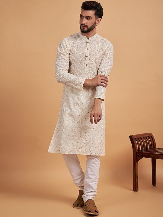 off white Ethnic Motifs Embroidered Cotton Straight Kurta - Inddus.com