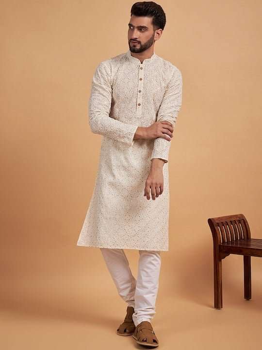 off white Ethnic Motifs Embroidered Cotton Straight Kurta - Inddus.com