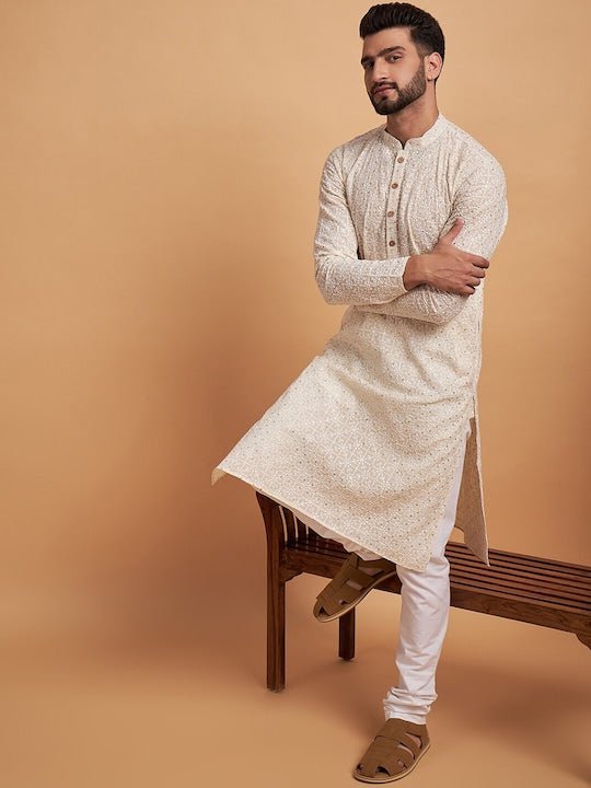 off white Ethnic Motifs Embroidered Cotton Straight Kurta - Inddus.com