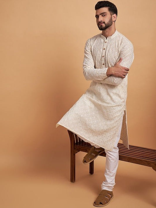 off white Ethnic Motifs Embroidered Cotton Straight Kurta - Inddus.com