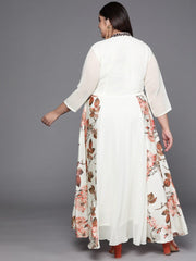 Off White Floral Print Georgette Ethnic Maxi Dress - Inddus.com