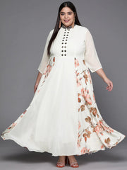 Off White Floral Print Georgette Ethnic Maxi Dress - Inddus.com