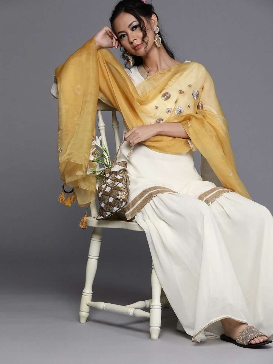 Off White Georgette Solid Sharara Suit - inddus-us