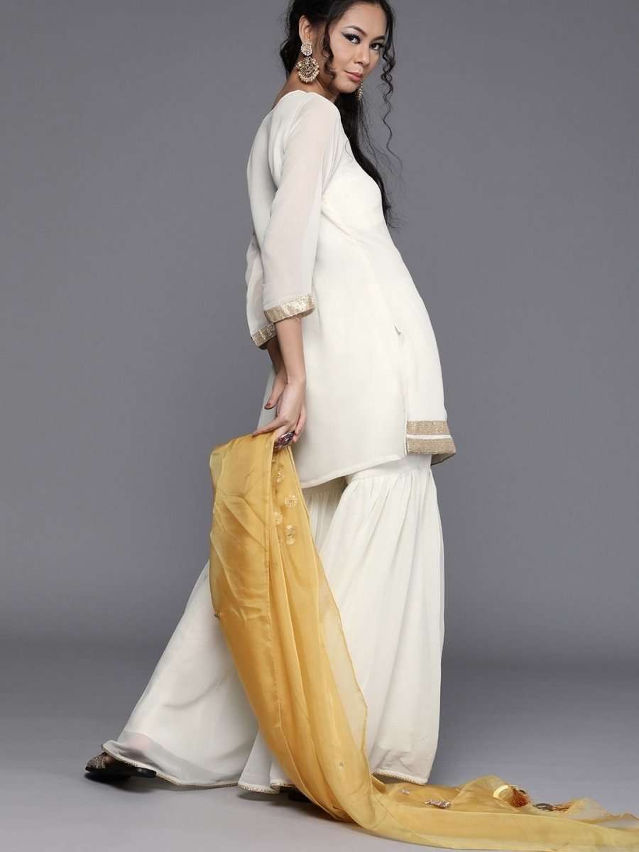 Off White Georgette Solid Sharara Suit - inddus-us