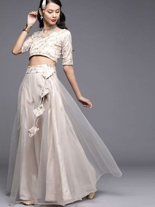 Off White Net Sequins Lehenga Choli - inddus-us