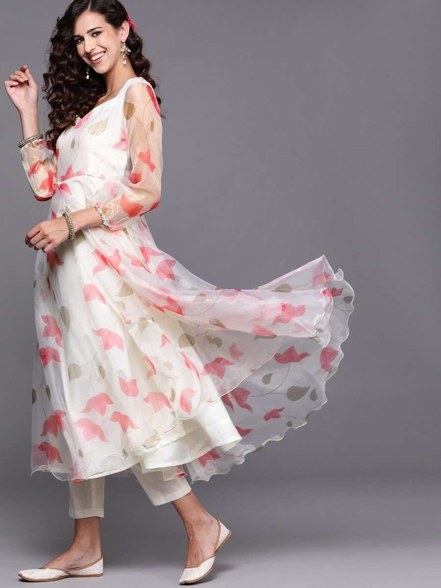 Off White Printed Kurta with Pants and Dupatta - Inddus.com