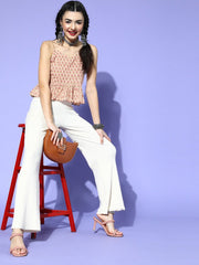 Off White Pure Cotton Printed Crop Top - Inddus.com