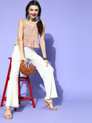 Off White Pure Cotton Printed Crop Top - Inddus.com