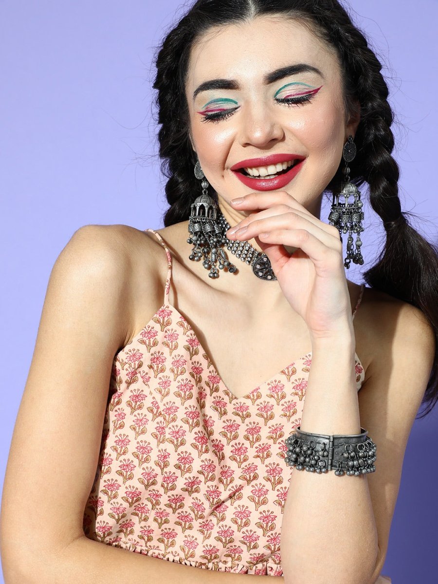 Off White Pure Cotton Printed Crop Top - Inddus.com