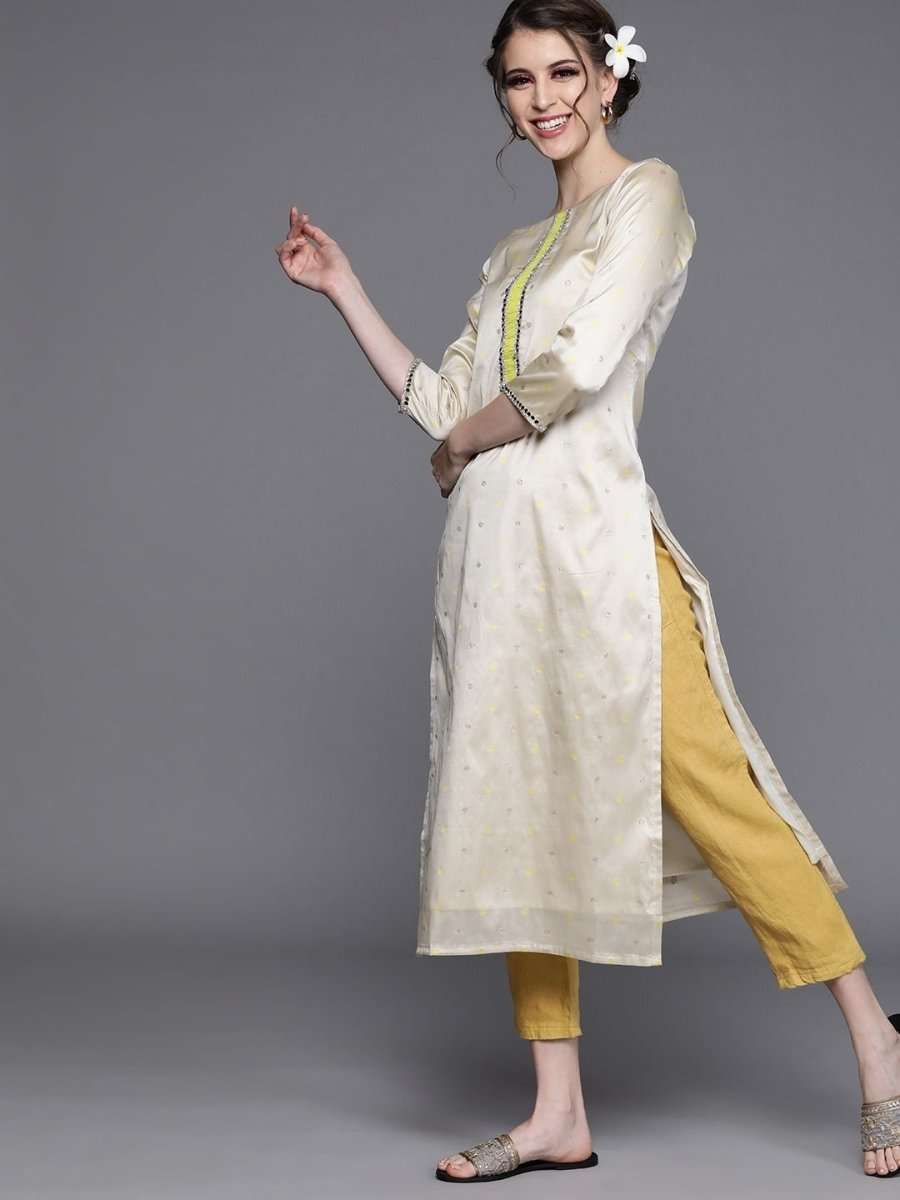 Off White Silk Blend Polka Dots Kurta - Inddus.com