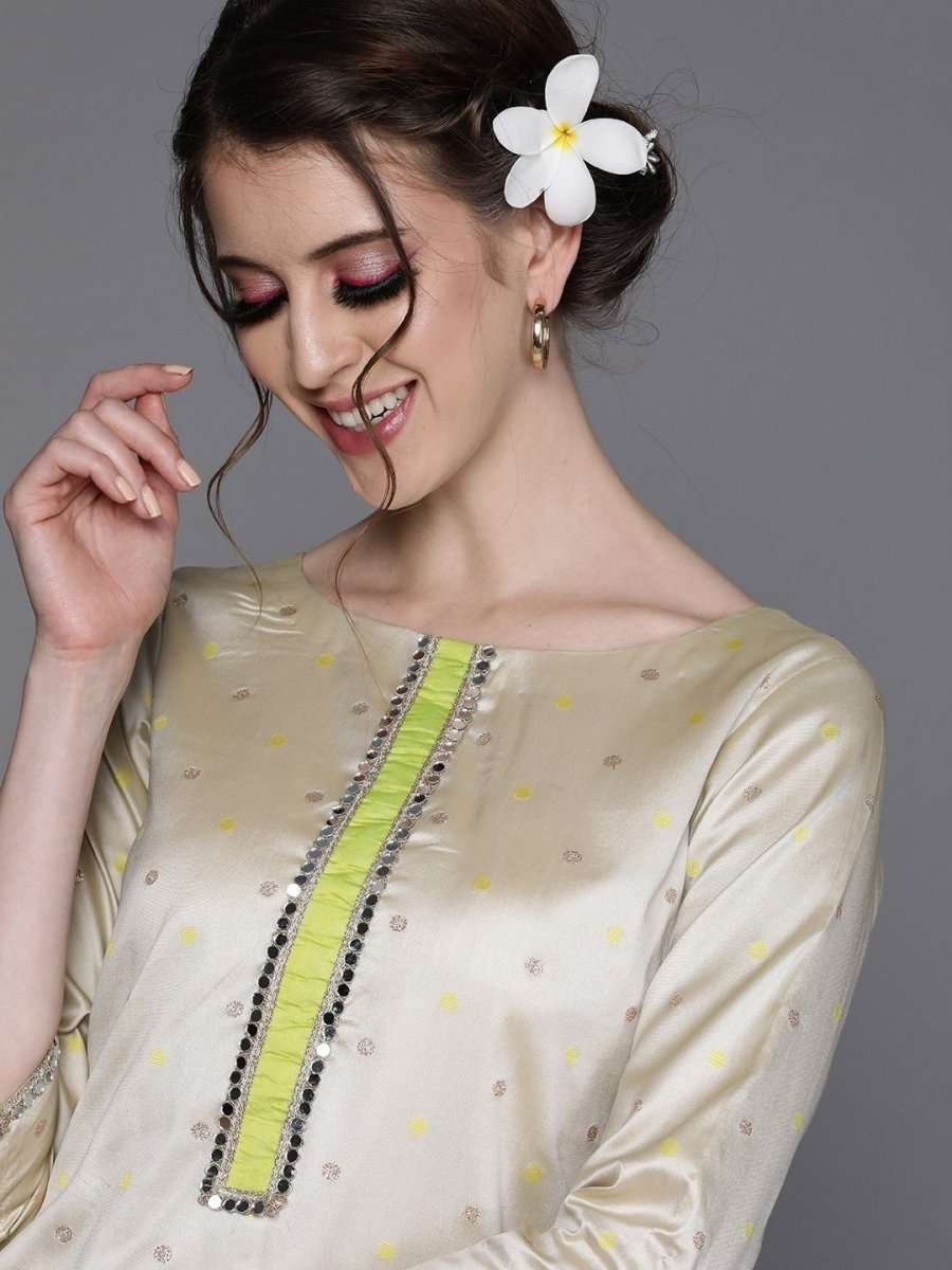 Off White Silk Blend Polka Dots Kurta - Inddus.com