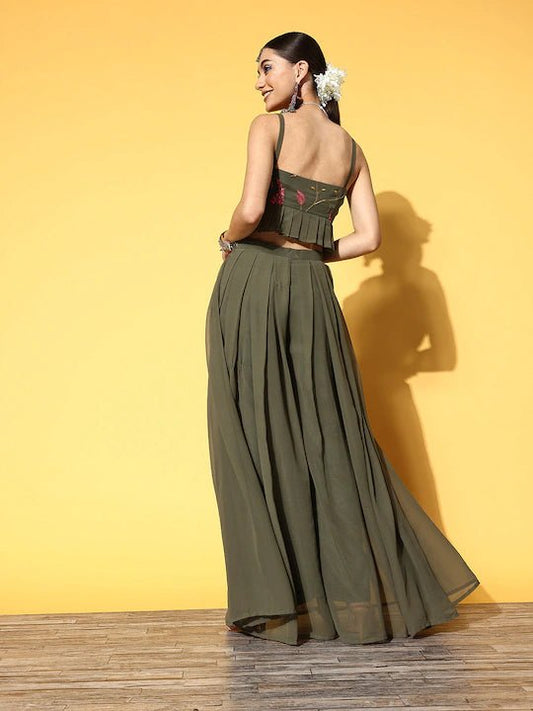 Olive Green Floral Embroidered Thread Work Co-ords Set - Inddus.com