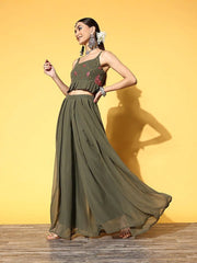 Olive Green Floral Embroidered Thread Work Co-ords Set - Inddus.com