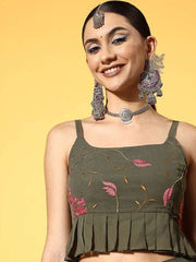 Olive Green Floral Embroidered Thread Work Co-ords Set - Inddus.com