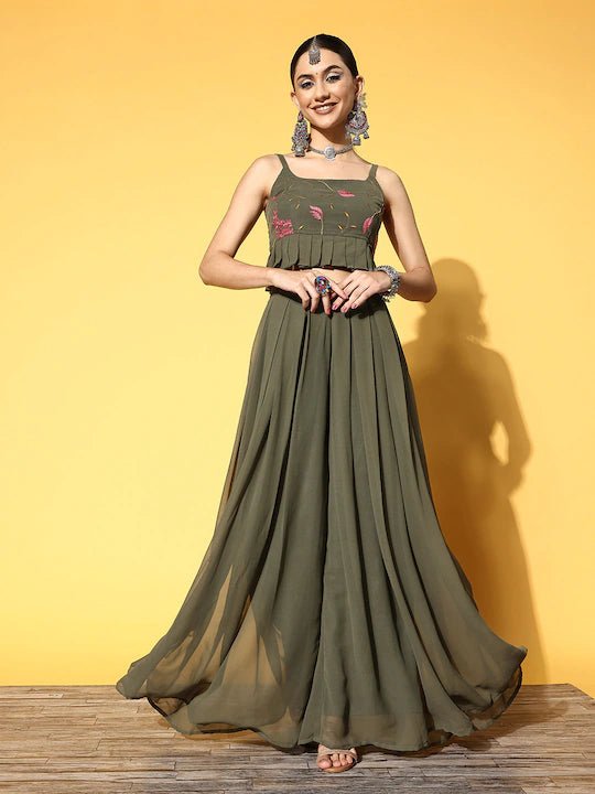 Olive Green Floral Embroidered Thread Work Co-ords Set - Inddus.com