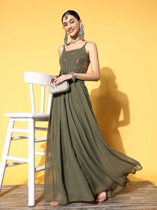 Olive Green Floral Embroidered Thread Work Co-ords Set - Inddus.com