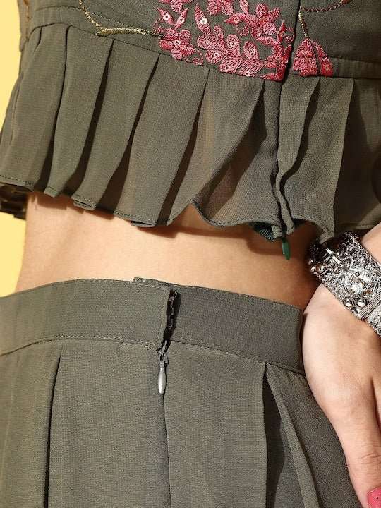 Olive Green Floral Embroidered Thread Work Co-ords Set - Inddus.com