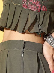 Olive Green Floral Embroidered Thread Work Co-ords Set - Inddus.com