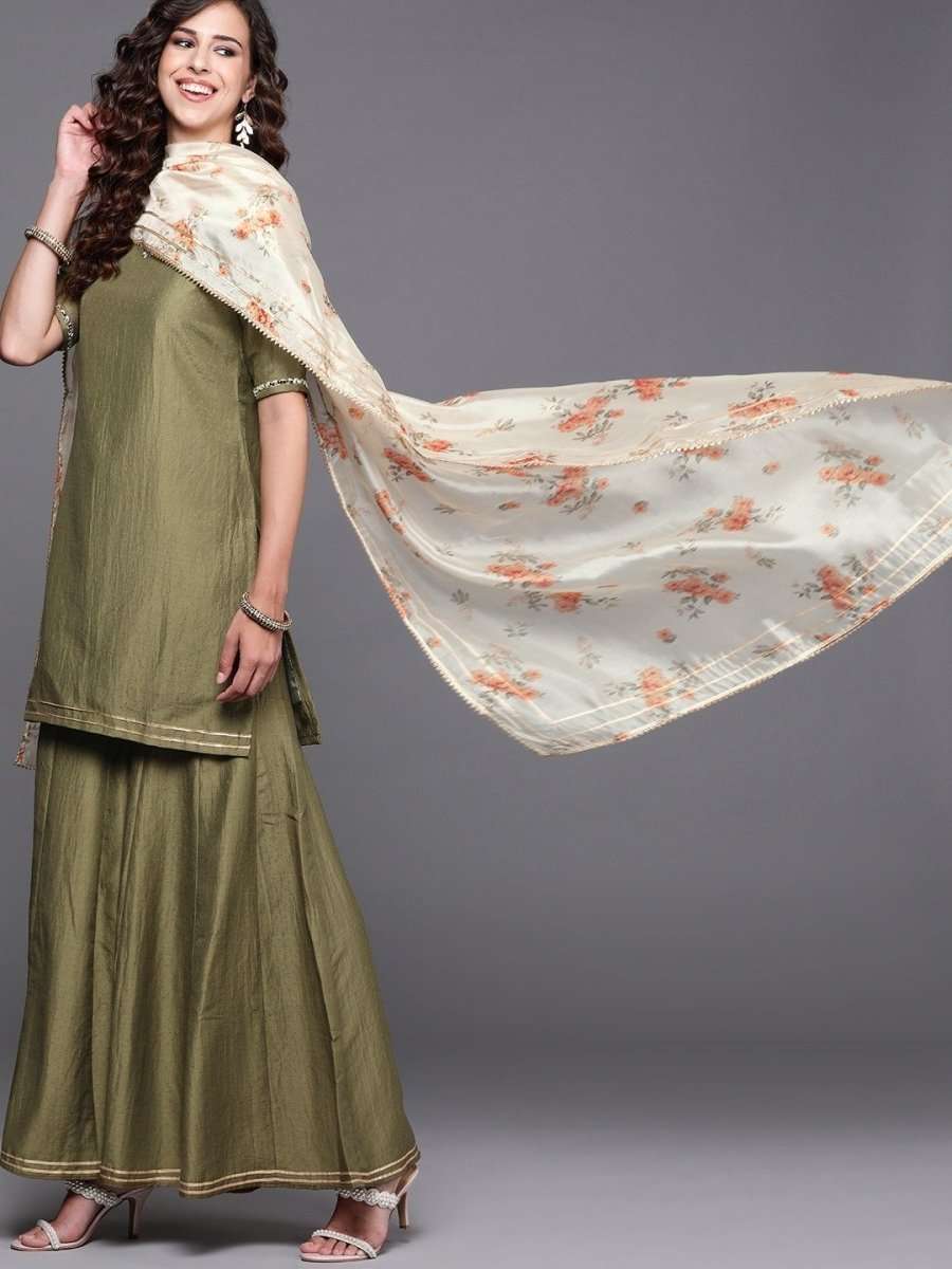Olive Green Kurta with Sharara and Organza Dupatta - Inddus.com