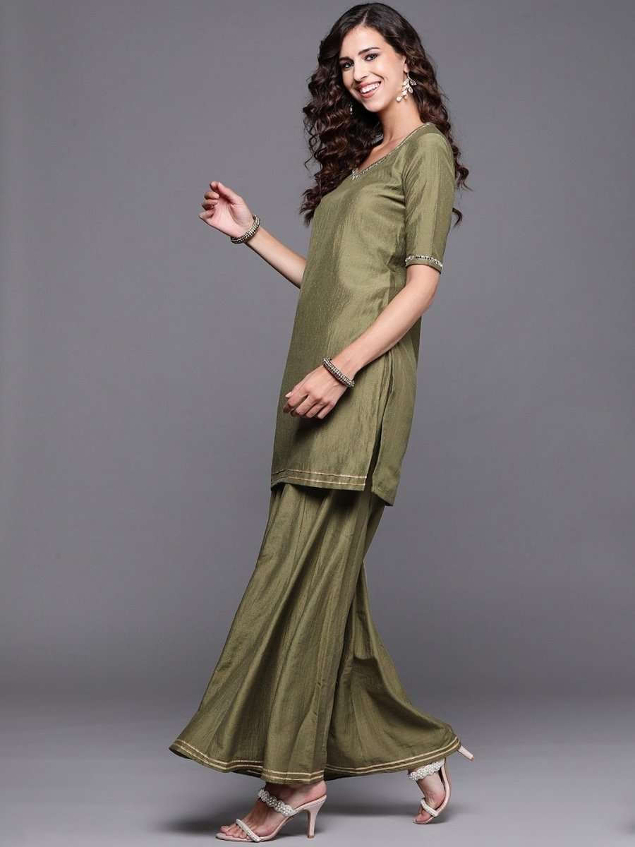 Olive Green Kurta with Sharara and Organza Dupatta - Inddus.com