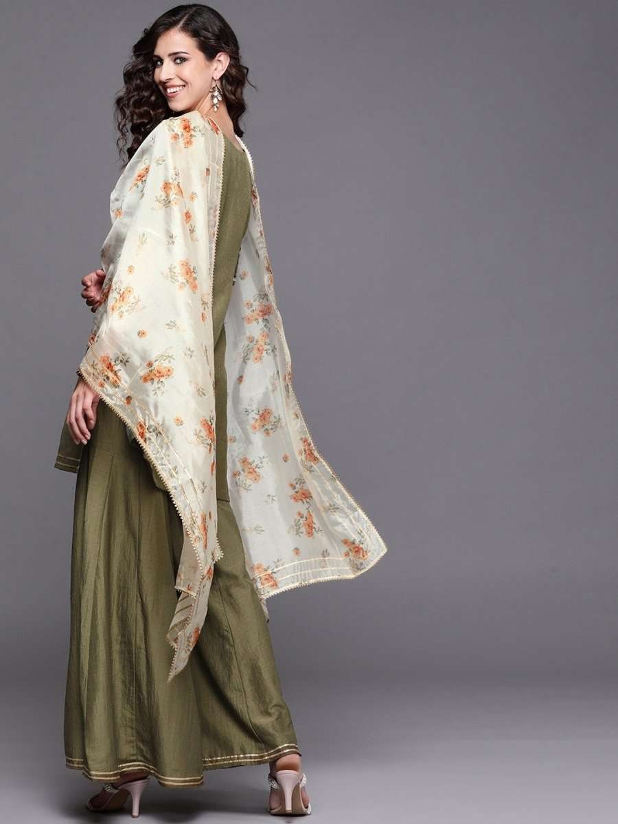 Olive Green Kurta with Sharara and Organza Dupatta - Inddus.com