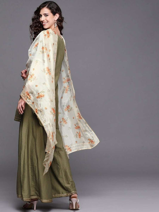 Olive Green Kurta with Sharara and Organza Dupatta - Inddus.com