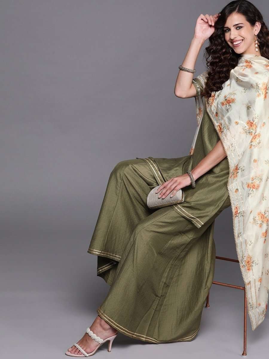 Olive Green Kurta with Sharara and Organza Dupatta - Inddus.com