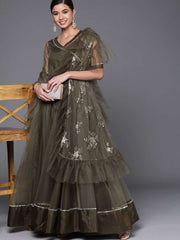 Olive Green Net Embroidered Kurta with Net Dupatta - Inddus.com