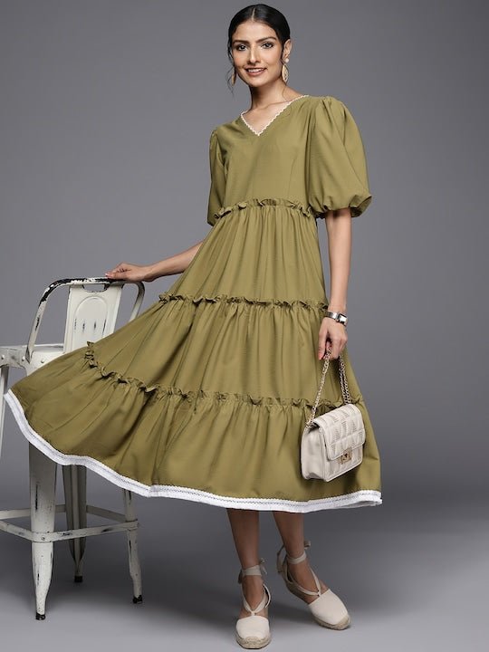 Olive Green Self Striped Cotton Tiered Midi Fit & Flare Dress –