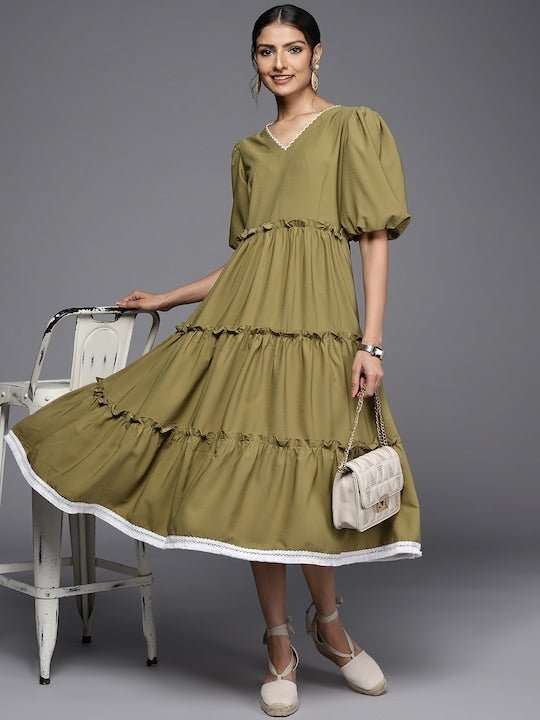 Olive Green Self Striped Cotton Tiered Midi Fit & Flare Dress Olive Green Self Striped Cotton Tiered Midi Fit & Flare Dress