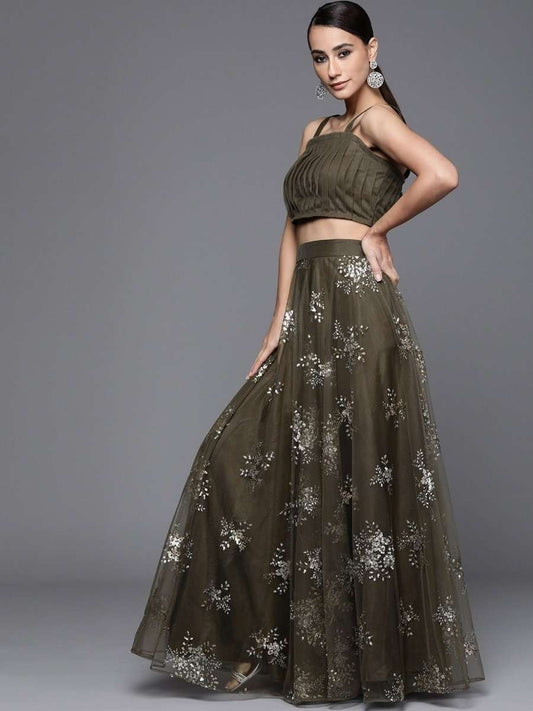 Olive Green Sequinned Semistitched Lehenga with Blouse and Ruffled Dupatta - inddus-us