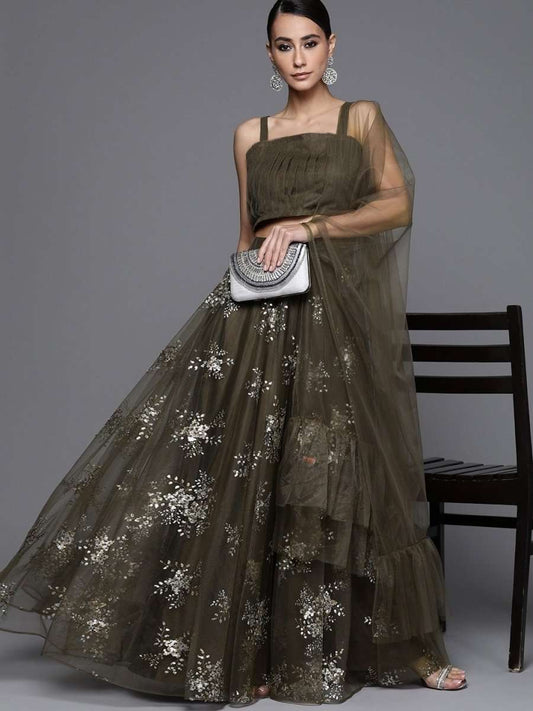 Olive Green Sequinned Semistitched Lehenga with Blouse and Ruffled Dupatta - inddus-us