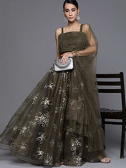 Olive Green Sequinned Semistitched Lehenga with Blouse and Ruffled Dupatta - inddus-us