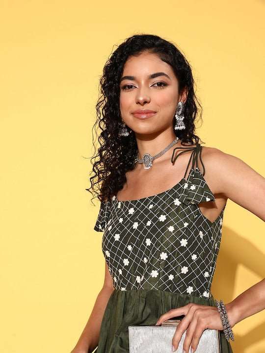 Olive Green & White Embroidered Layered Maxi Dress - Inddus.com