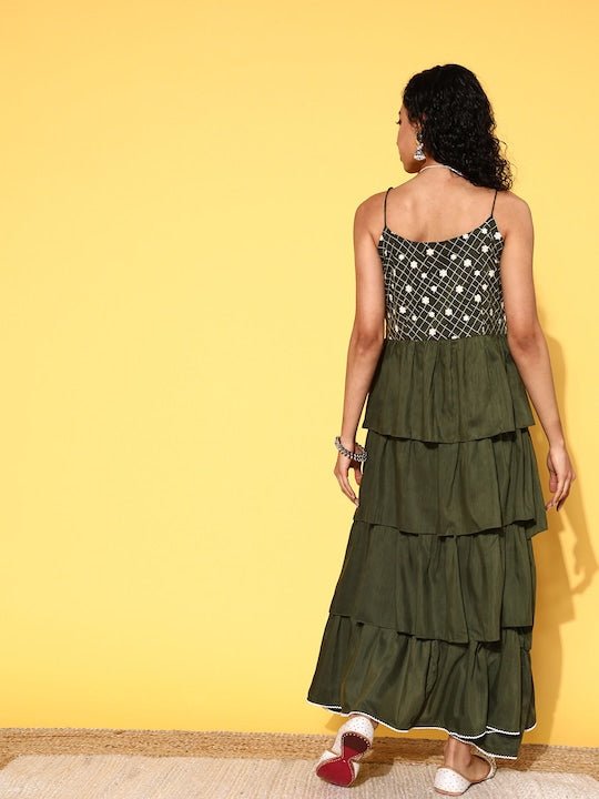 Olive Green & White Embroidered Layered Maxi Dress - Inddus.com