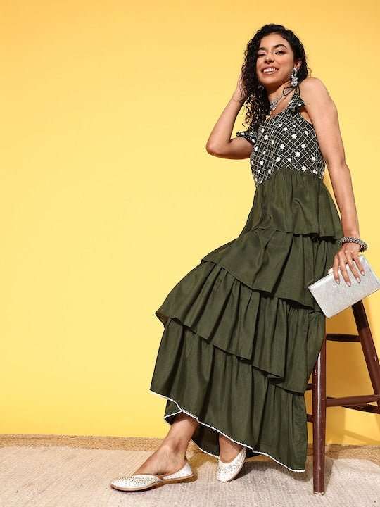 Olive Green & White Embroidered Layered Maxi Dress - Inddus.com