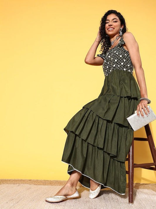 Olive Green & White Embroidered Layered Maxi Dress - Inddus.com