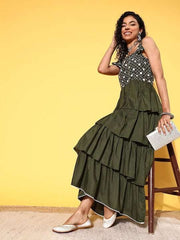 Olive Green & White Embroidered Layered Maxi Dress - Inddus.com
