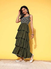 Olive Green & White Embroidered Layered Maxi Dress - Inddus.com