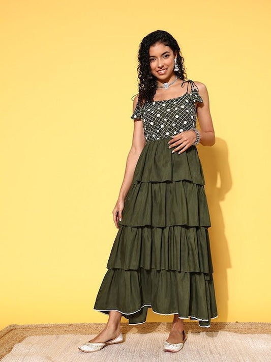 Olive Green & White Embroidered Layered Maxi Dress - Inddus.com