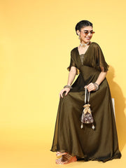 Olive Poly Silk Partywear Solid Dresses - Inddus.com