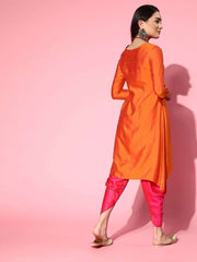 Orange and Pink Dual Tone Yoke Embroidered Kurta with Dhoti Pants - Inddus.com