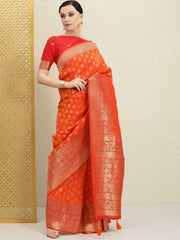 Orange and Red Zari Woven Traditional Saree - inddus-us