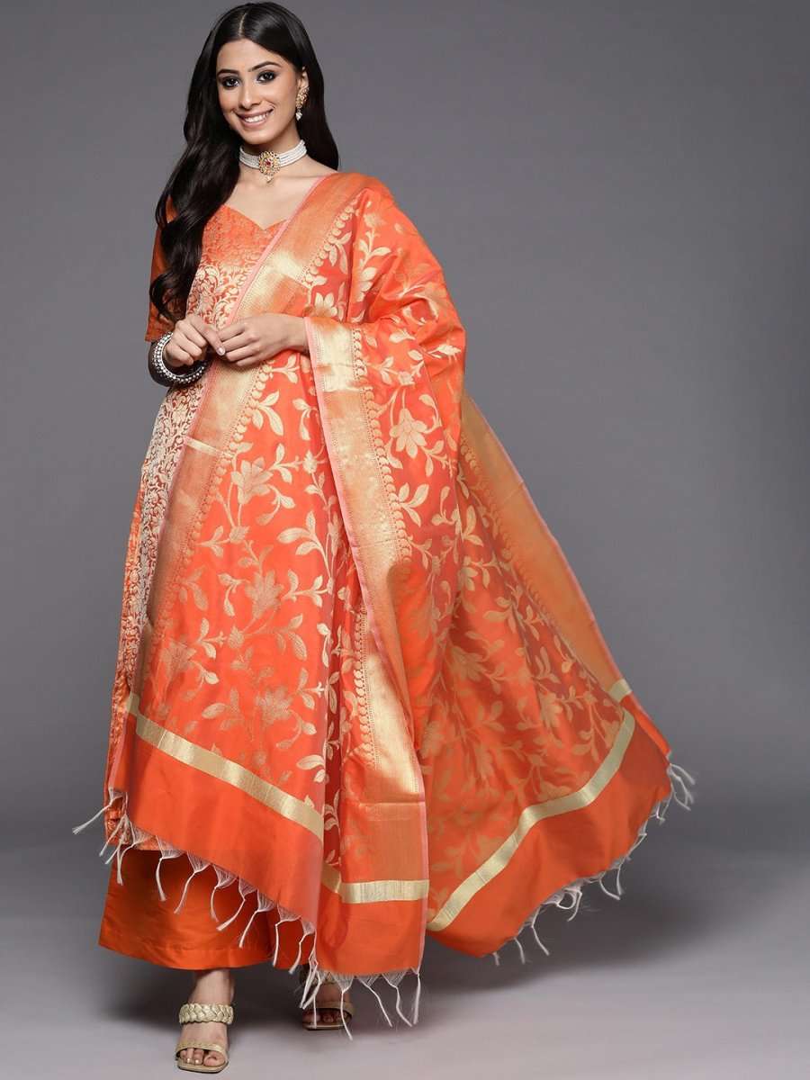 Orange & Gold-Toned Unstitched Dress Material - Inddus.com