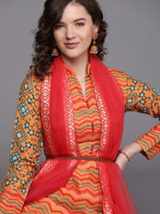 Orange Leheriya Print Panelled Kurta with Dupatta - inddus-us