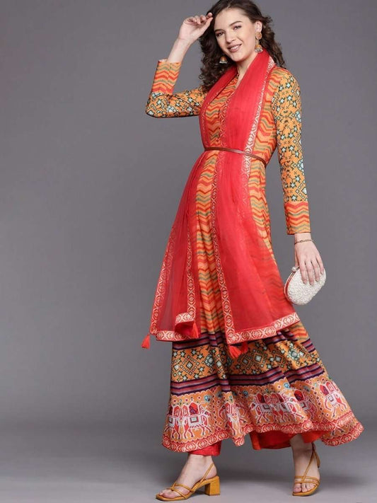 Orange Leheriya Print Panelled Kurta with Dupatta - inddus-us