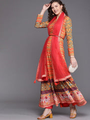 Orange Leheriya Print Panelled Kurta with Dupatta - inddus-us