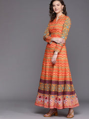 Orange Leheriya Print Panelled Kurta with Dupatta - inddus-us